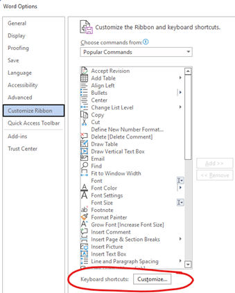 Keyboard shortcuts in Microsoft 365 Word